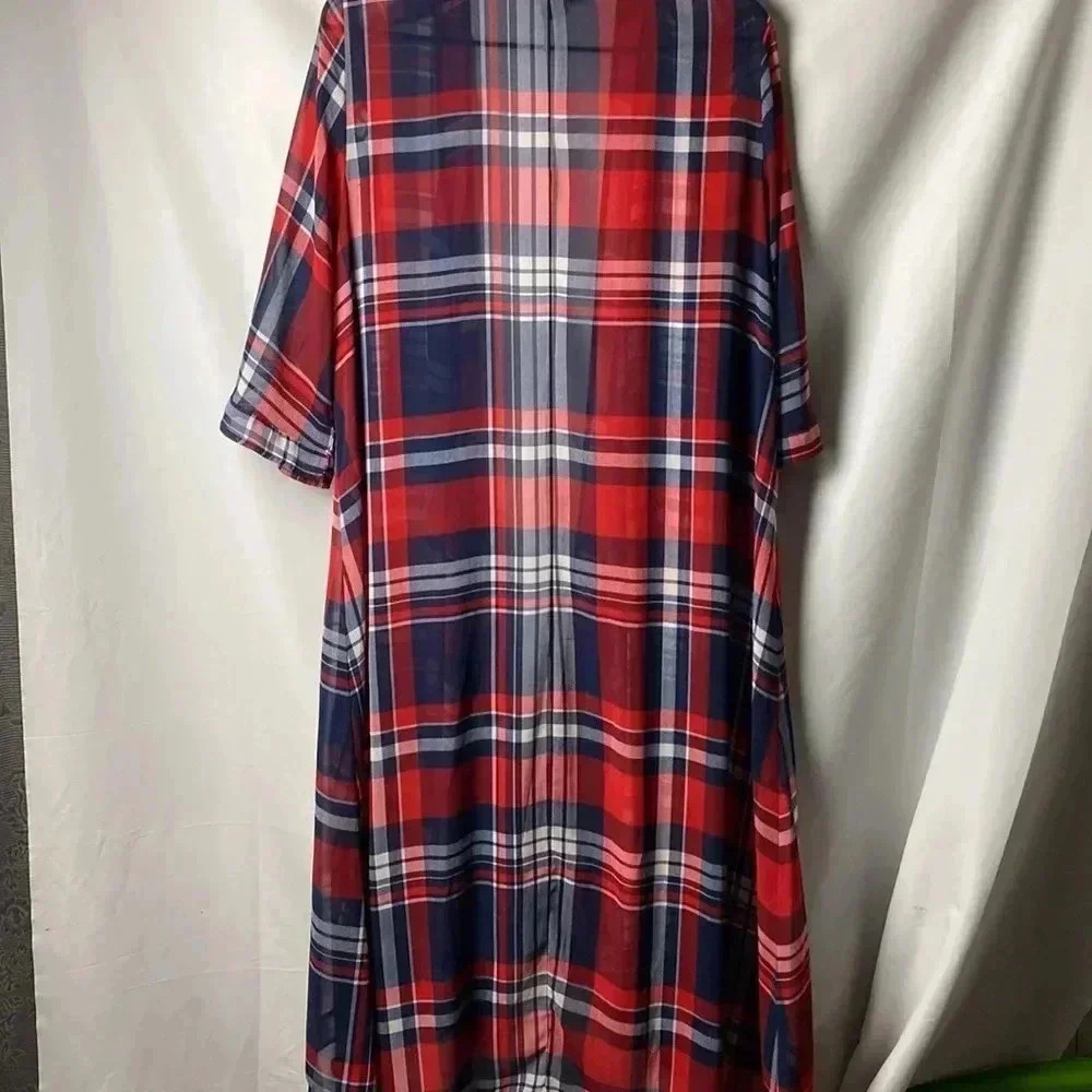 TORRID WO‎ SIZE 0/00 (10/12) LONG NAVY RED PLAID. SHEER OPEN FRONT DUSTER - Picture 10 of 10